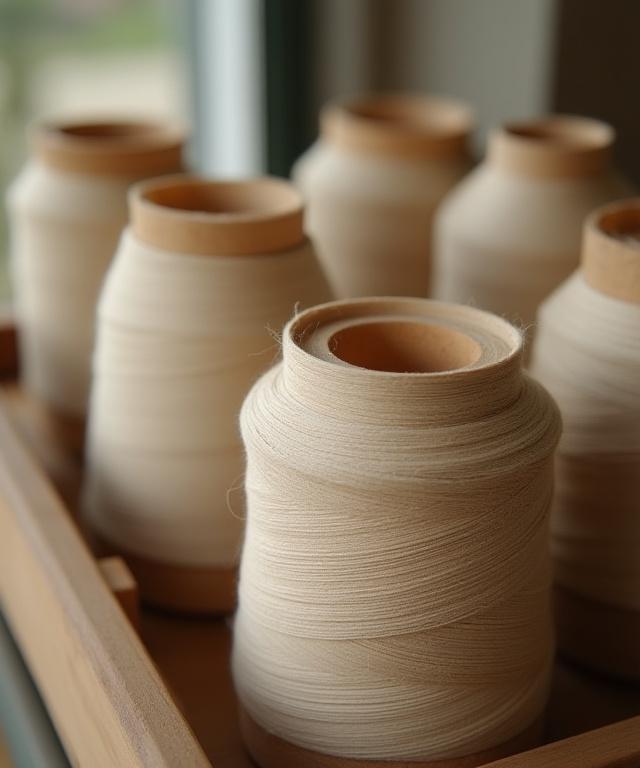 A detailed shot of spools of high-quality Irish linen thread in natural light, showcasing the material's texture and potential.